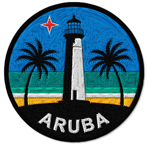 Aruba embroidered iron-on patch, 3 inch round, multicolored one happy island beach cactus Caribbean/Latin America travel souvenir on polyester