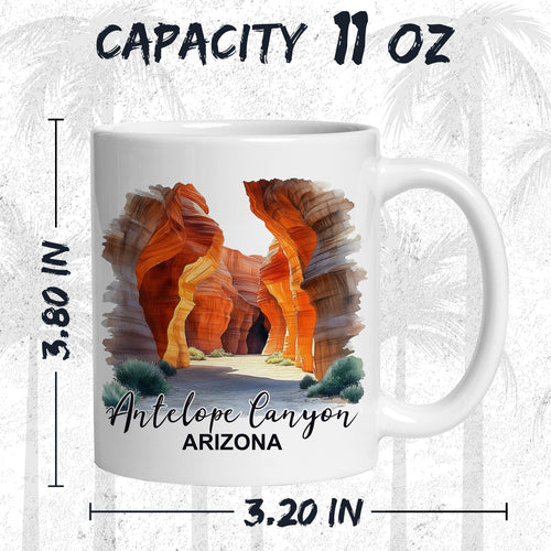White ceramic Antelope Canyon Arizona coffee mug, 11oz, with iconic red sandstone slot canyon graphic, comfortable handle grip