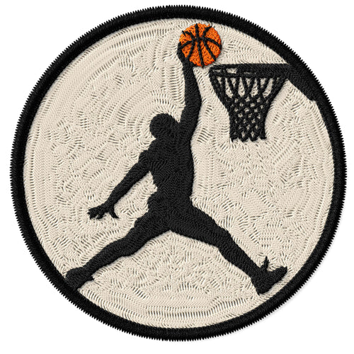 Basketball embroidered iron-on patch, 3 inch round, multicolored player dunk hoops court sports design on polyester
