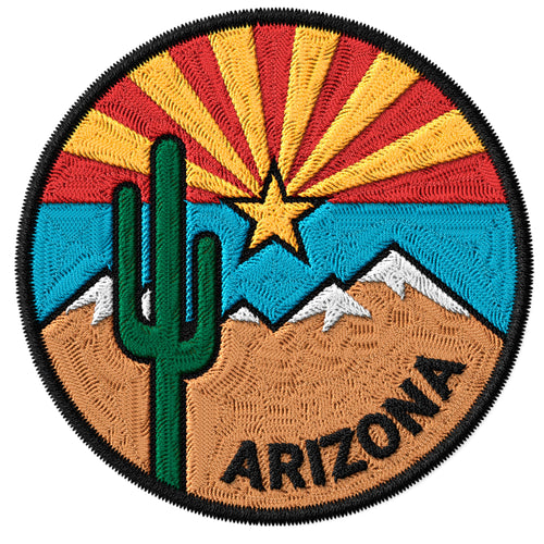 Arizona State embroidered iron-on patch, 3 inch round, multicolored desert cactus sun state souvenir on polyester