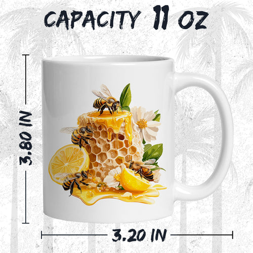 White ceramic Bee coffee mug, 11oz, with cute honey bumblebee pollinator graphic, comfortable C-handle grip