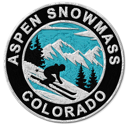 Aspen Snowmass embroidered iron-on patch, 3 inch round, multicolored four mountains ski resort travel souvenir on polyester