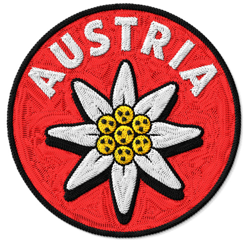 Austria embroidered iron-on patch, 3 inch round, multicolored alps edelweiss mozart European travel souvenir on polyester