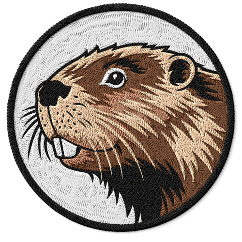 Beaver embroidered iron-on patch, 3 inch round, multicolored dam builder rodent animal design on polyester