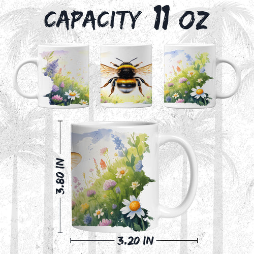 White ceramic bee mug, 11oz, with detailed honey bumblebee with flowers graphic, ergonomic handle
