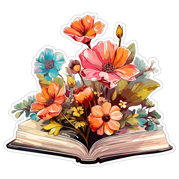 Flowers Growing from Book Sticker 4 Inch — Waterproof Vinyl Decal Growth Reading Aesthetic
