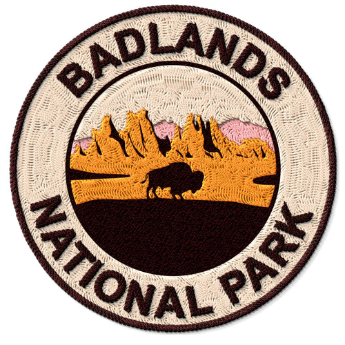 Badlands National Park South Dakota embroidered iron-on patch, 3 inch round, multicolored eroded buttes pinnacles national park souvenir on polyester