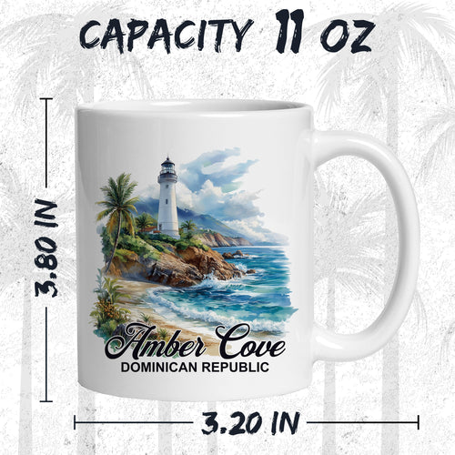 White ceramic Amber Cove Dominican Republic coffee mug, 11oz, with Beach Ocean Tropical Amber Cove landmark graphic, comfortable handle grip