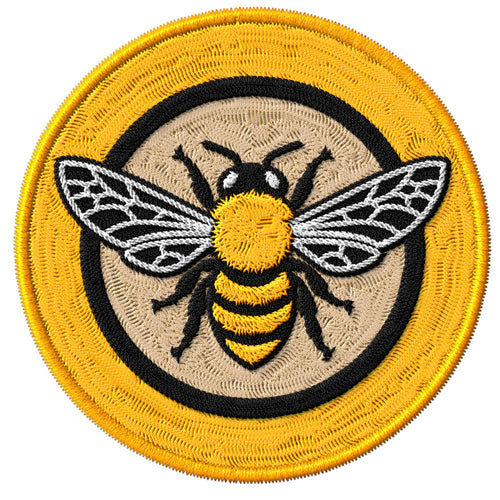 Bee embroidered iron-on patch, 3 inch round, multicolored honey pollinator insect design on polyester