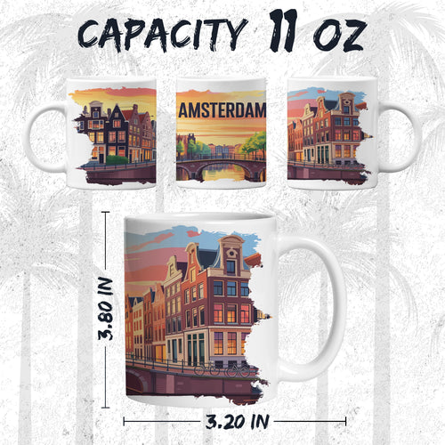 White ceramic Amsterdam Netherlands coffee mug, 11oz, with Venice of the North Amsterdam landmark graphic, comfortable handle grip