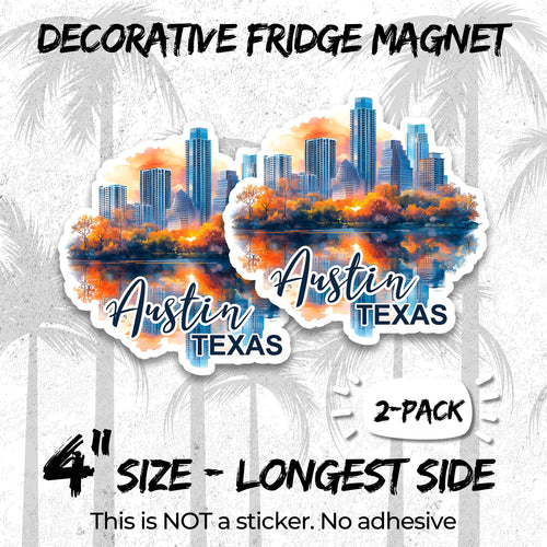 Austin Texas 4 inch vinyl fridge magnet 2-pack, keep austin weird live music design, durable kitchen office locker decor