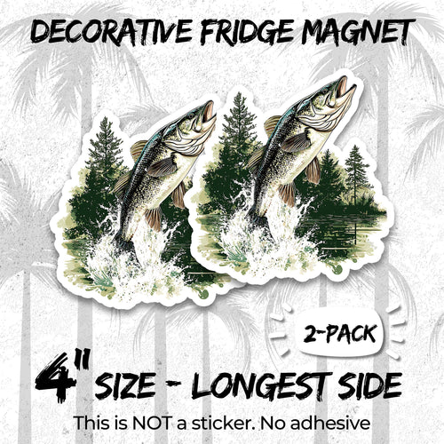 Bass Fish 4 inch vinyl fridge magnet 2-pack, largemouth bass design, durable kitchen office locker decor