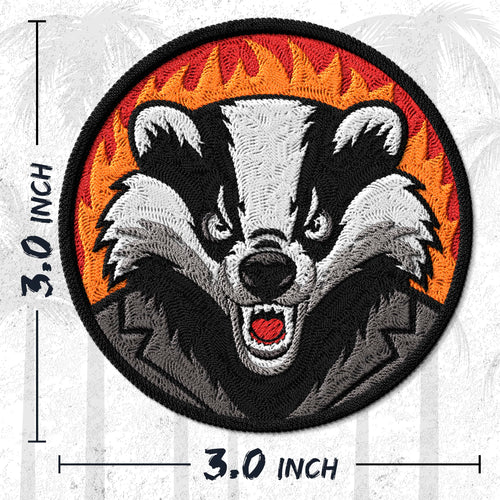Badger embroidered iron-on patch, 3 inch round, multicolored honey badger tough animal design on polyester