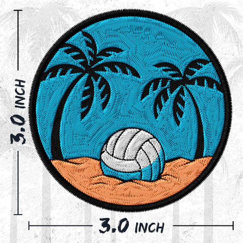 Beach Volleyball embroidered iron-on patch, 3 inch round, multicolored sand spike dig block sports design on polyester