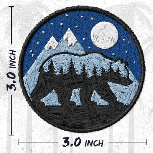 Bear embroidered iron-on patch, 3 inch round, multicolored grizzly wildlife animal design on polyester