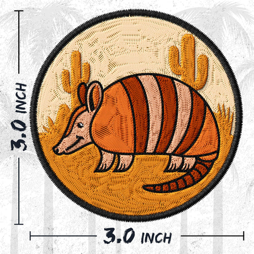 Armadillo embroidered iron-on patch, 3 inch round, multicolored texas armor shell animal design on polyester