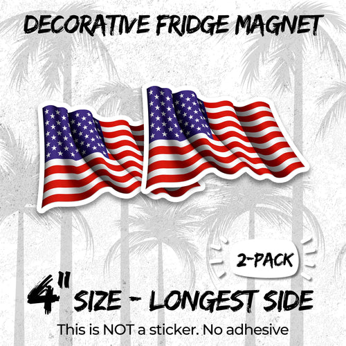 American US Flag 4 inch vinyl fridge magnet 2-pack, stars stripes patriotic design, durable kitchen office locker decor