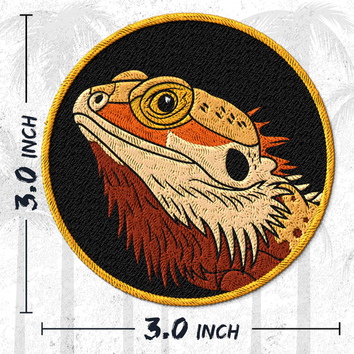 Bearded Dragon embroidered iron-on patch, 3 inch round, multicolored pet lizard reptile design on polyester