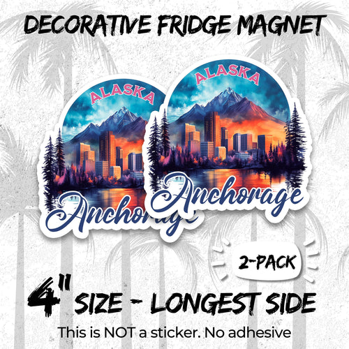Anchorage Alaska 4 inch vinyl fridge magnet 2-pack, cook inlet mountains design, durable kitchen office locker decor