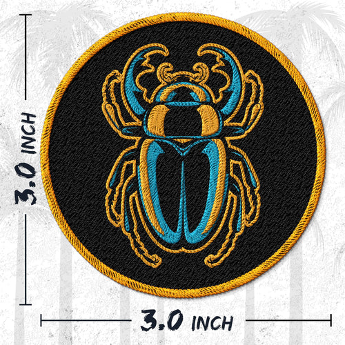 Beetle embroidered iron-on patch, 3 inch round, multicolored scarab symbol bug design on polyester