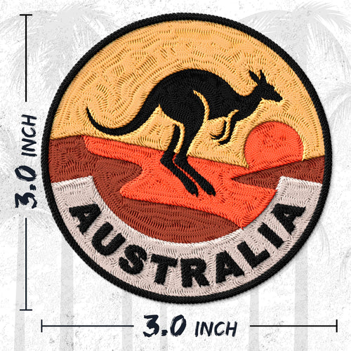 Australia embroidered iron-on patch, 3 inch round, multicolored kangaroo outback reef world travel souvenir on polyester