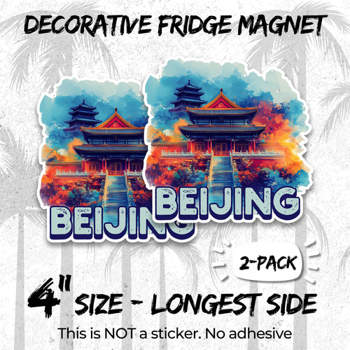 Beijing China 4 inch vinyl fridge magnet 2-pack, great wall forbidden city design, durable kitchen office locker decor