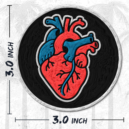 Anatomical Heart embroidered iron-on patch, 3 inch round, multicolored medical science realistic design on polyester