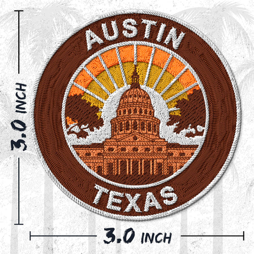 Austin Texas embroidered iron-on patch, 3 inch round, multicolored live music capital keep weird travel souvenir on polyester