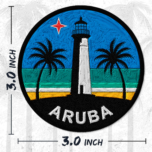 Aruba embroidered iron-on patch, 3 inch round, multicolored one happy island beach cactus Caribbean/Latin America travel souvenir on polyester