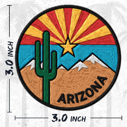 Arizona State embroidered iron-on patch, 3 inch round, multicolored desert cactus sun state souvenir on polyester