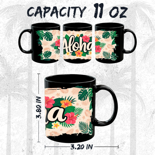 Black ceramic Aloha Hawaii coffee mug, 11oz, with Hawaiian Tropical Island Vibes Aloha landmark graphic, comfortable handle grip