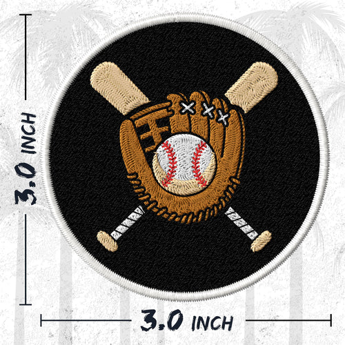 Baseball embroidered iron-on patch, 3 inch round, multicolored bat pitcher slugger diamond sports design on polyester
