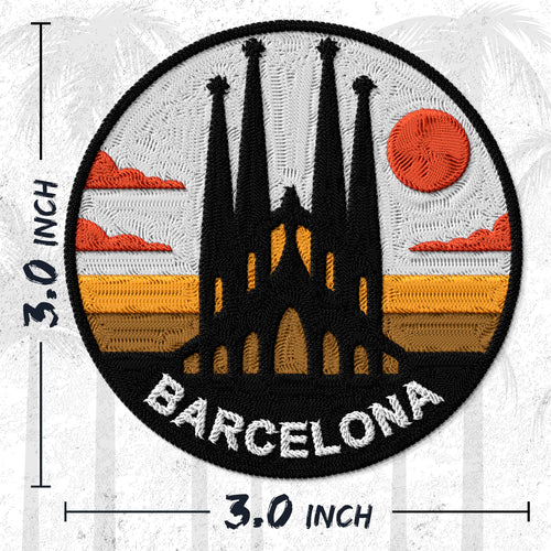 Barcelona Spain embroidered iron-on patch, 3 inch round, multicolored sagrada família gaudí park güell European travel souvenir on polyester