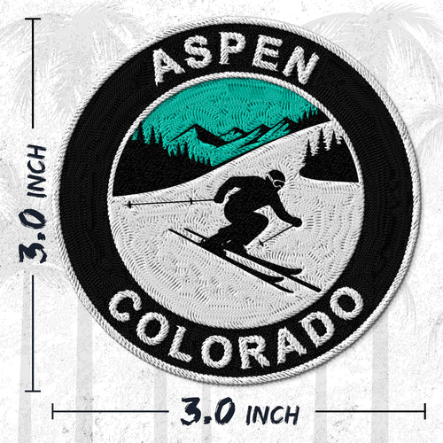 Aspen Colorado embroidered iron-on patch, 3 inch round, multicolored ski resort mountain town travel souvenir on polyester