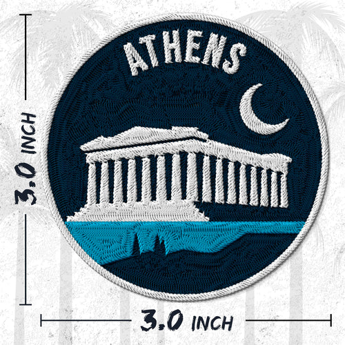 Athens Greece embroidered iron-on patch, 3 inch round, multicolored acropolis parthenon olive European travel souvenir on polyester