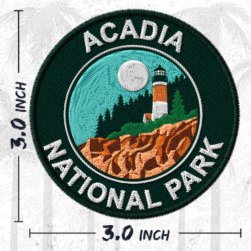 Acadia National Park Maine embroidered iron-on patch, 3 inch round, multicolored lighthouse coastline ocean national park souvenir on polyester