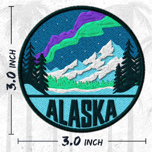 Alaska State embroidered iron-on patch, 3 inch round, multicolored northern lights moose wilderness state souvenir on polyester