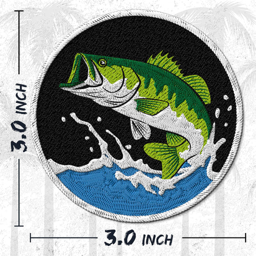 Bass embroidered iron-on patch, 3 inch round, multicolored largemouth fishing catch design on polyester