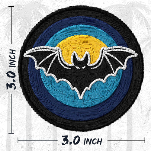 Bat embroidered iron-on patch, 3 inch round, multicolored flying halloween animal design on polyester