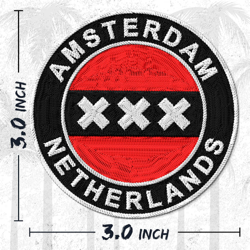 Amsterdam Netherlands embroidered iron-on patch, 3 inch round, multicolored canals tulips bicycles European travel souvenir on polyester