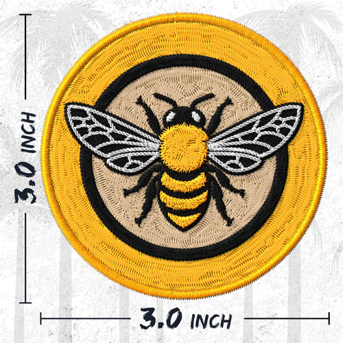 Bee embroidered iron-on patch, 3 inch round, multicolored honey pollinator insect design on polyester