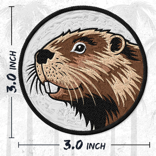 Beaver embroidered iron-on patch, 3 inch round, multicolored dam builder rodent animal design on polyester