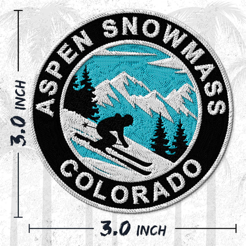 Aspen Snowmass embroidered iron-on patch, 3 inch round, multicolored four mountains ski resort travel souvenir on polyester