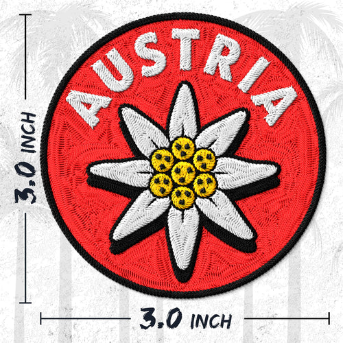Austria embroidered iron-on patch, 3 inch round, multicolored alps edelweiss mozart European travel souvenir on polyester