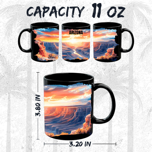 Black ceramic Arizona state mug, 11oz, with bold AZ desert Southwest landscape graphic, comfortable handle grip