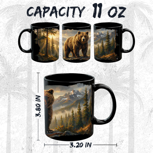 Black ceramic wilderness bear coffee mug, 11oz, with detailed forest bear in natural setting graphic, comfortable handle grip