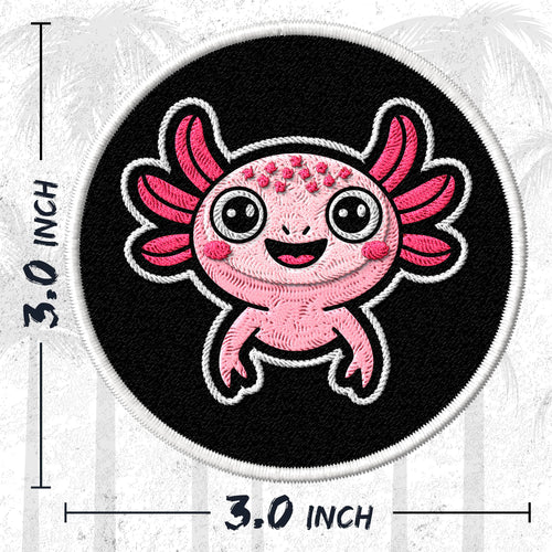 Axolotl embroidered iron-on patch, 3 inch round, multicolored kawaii cute salamander design on polyester