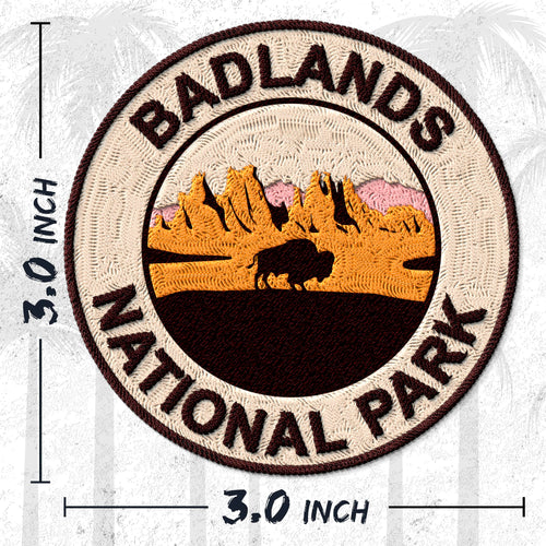 Badlands National Park South Dakota embroidered iron-on patch, 3 inch round, multicolored eroded buttes pinnacles national park souvenir on polyester