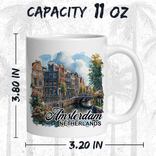 White ceramic Amsterdam Netherlands coffee mug, 11oz, with Venice of the North Amsterdam landmark graphic, comfortable handle grip
